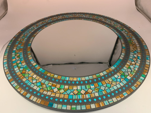 Zorigs Mosaic Mirror, Wall Art Décor – Handcrafted Decorative Wall Mirror, Turquoise, Coffee Brown, and Green Mosaic Mirror, 24” Frame, 15" Round Mirror for Hallway, Bedroom, Bathroom, Living Room