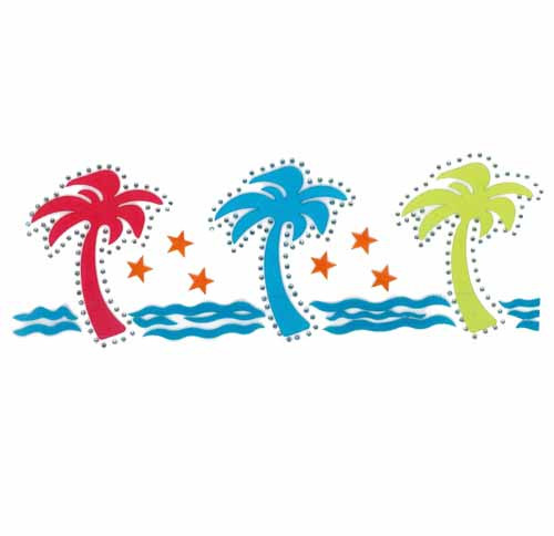 Satin Palm Trees Trio & Sea w/studs outline Iron-On Design (S101377-SIL).