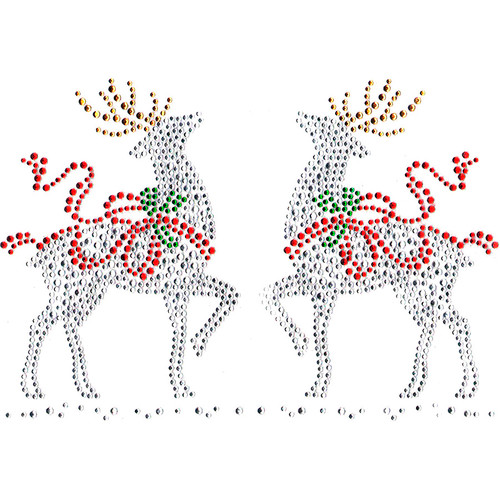 Facing Marching Reindeer with Red Ribbon Iron-On Design (S101282) 