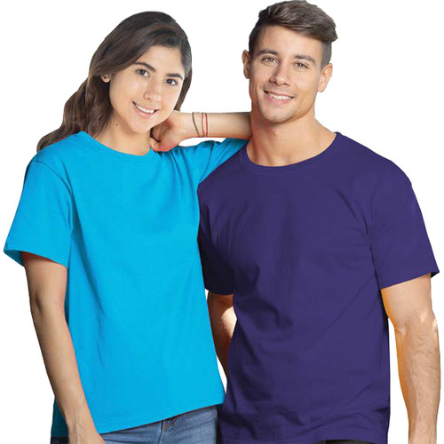 Youth's Heavy Weight Crew-Neck Short-Sleeve T-Shirt (J0300); Turquoise worn by her, and Purple worn by him.