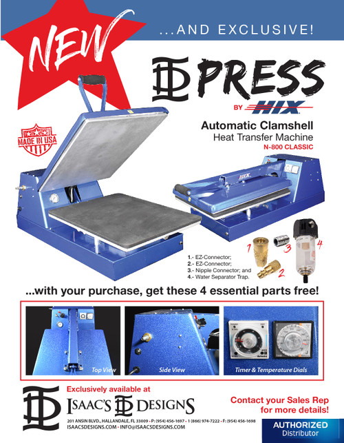 New ID-PRESS by HIX® Automatic Clamshell Heat Transfer Machine (N-800 Classic) flyer.