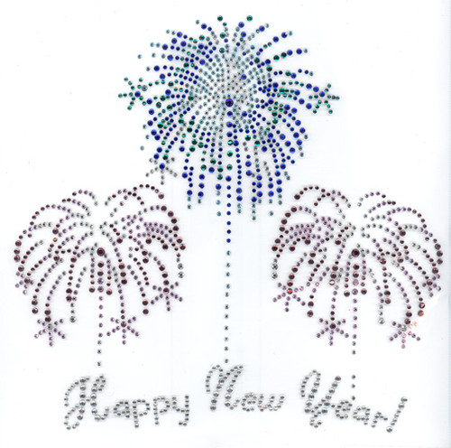 Happy New Year Phrase with Purple and  Blue Firework Bursts