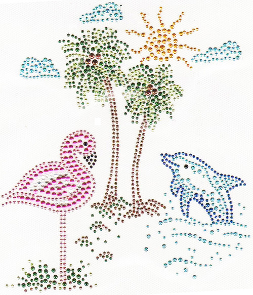 Beach Scene with Palm Trees, Flamingo & Dolphin Iron-On Design (S2304).