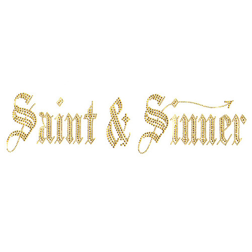 Saint & Sinner Phrase in Gold Topaz Rhinestones Iron On Design