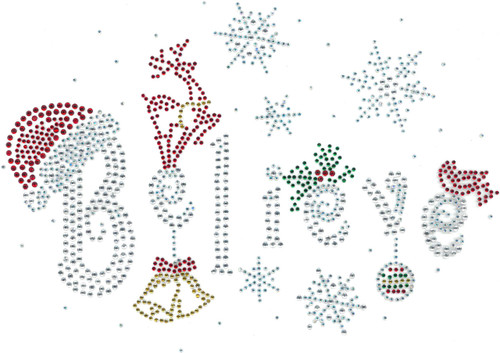 "Believe" surrounded by Ornaments & Snowflakes