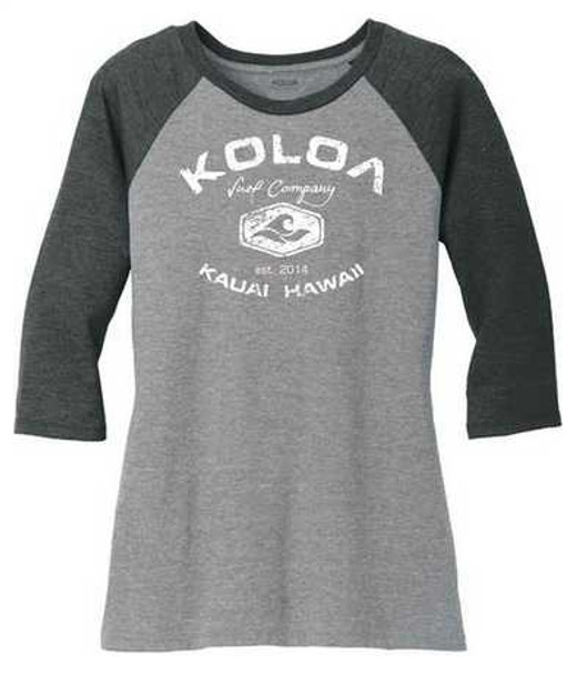 Koloa Surf Co. Arched Koloa Logo Ladies Raglan Baseball T-Shirts-3/4 Sleeve Baseball Tees. Sizes XS-4XL Koloa Surf Company Long Sleeve Shirts