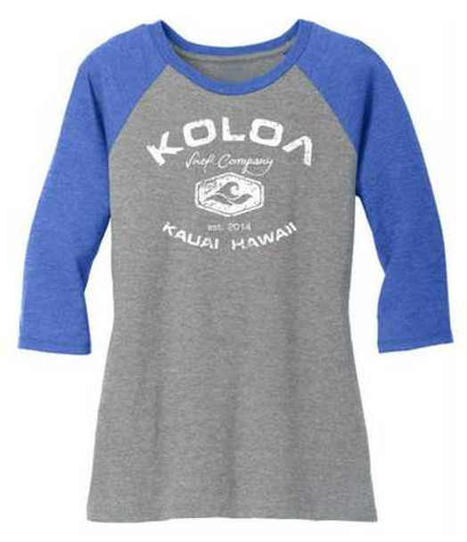 Koloa Surf Co. Arched Koloa Logo Ladies Raglan Baseball T-Shirts-3/4 Sleeve Baseball Tees. Sizes XS-4XL Koloa Surf Company Long Sleeve Shirts