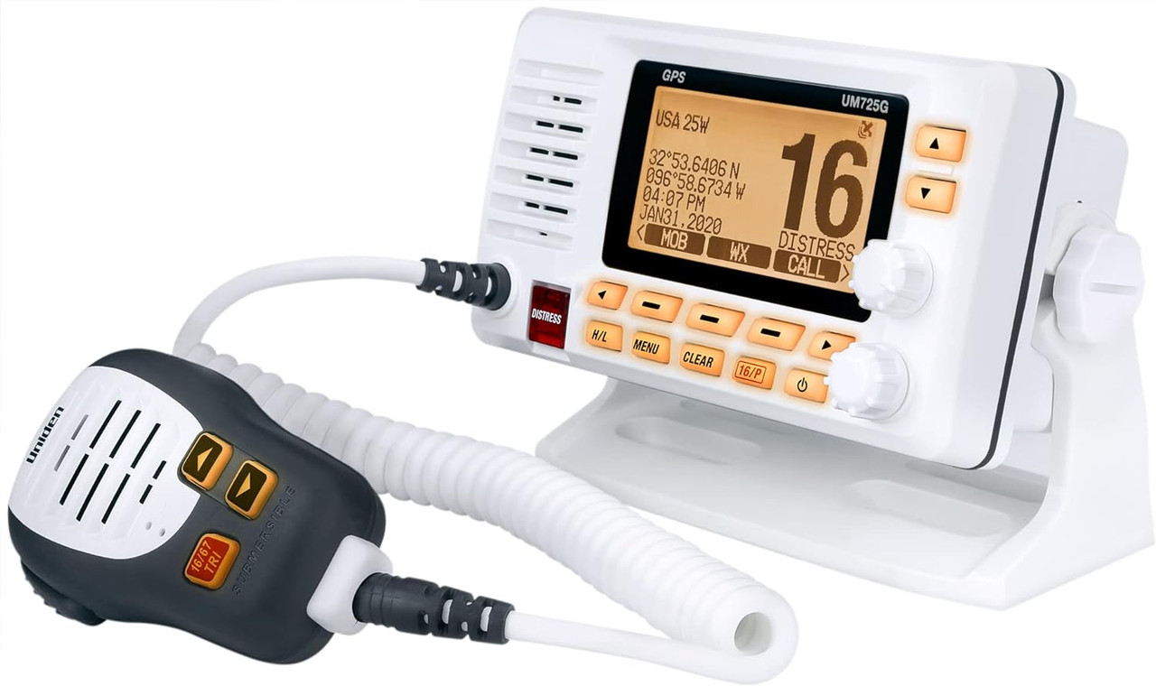 Uniden UM725G Marine VHF Radio, All USA, Canada, and Intl. Marine Channels, 1Watt/25Watt Transmit Power, Largest LCD Screen in Class, NOAA Weather Channels