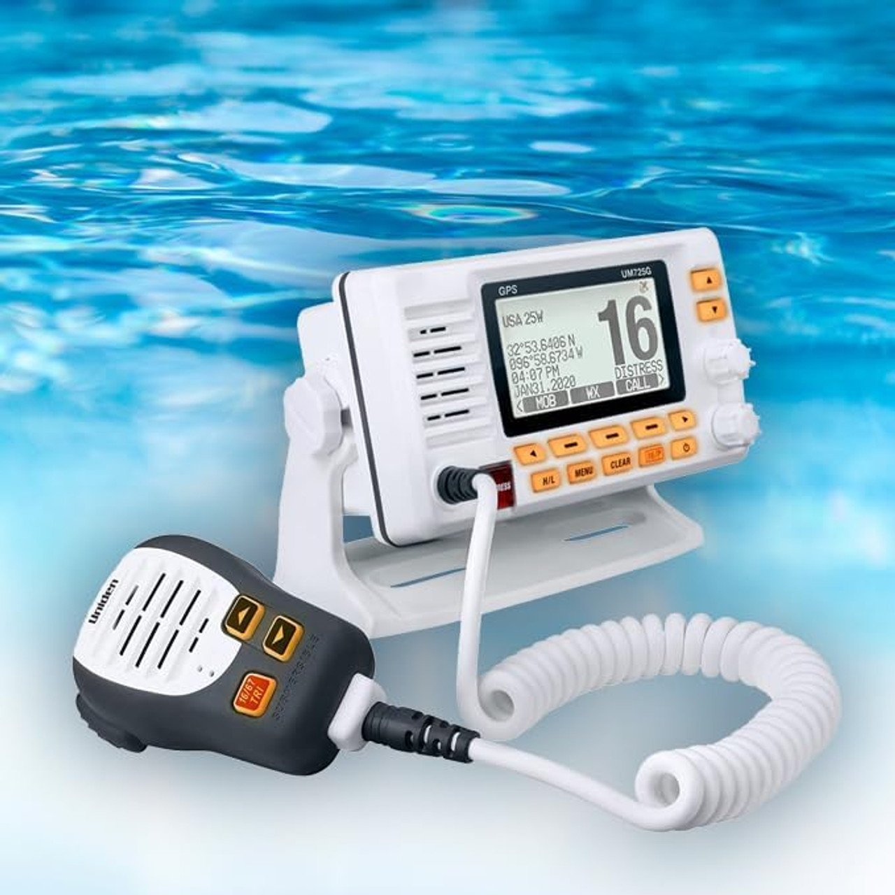 Uniden UM725G Marine VHF Radio, All USA, Canada, and Intl. Marine Channels, 1Watt/25Watt Transmit Power, Largest LCD Screen in Class, NOAA Weather Channels