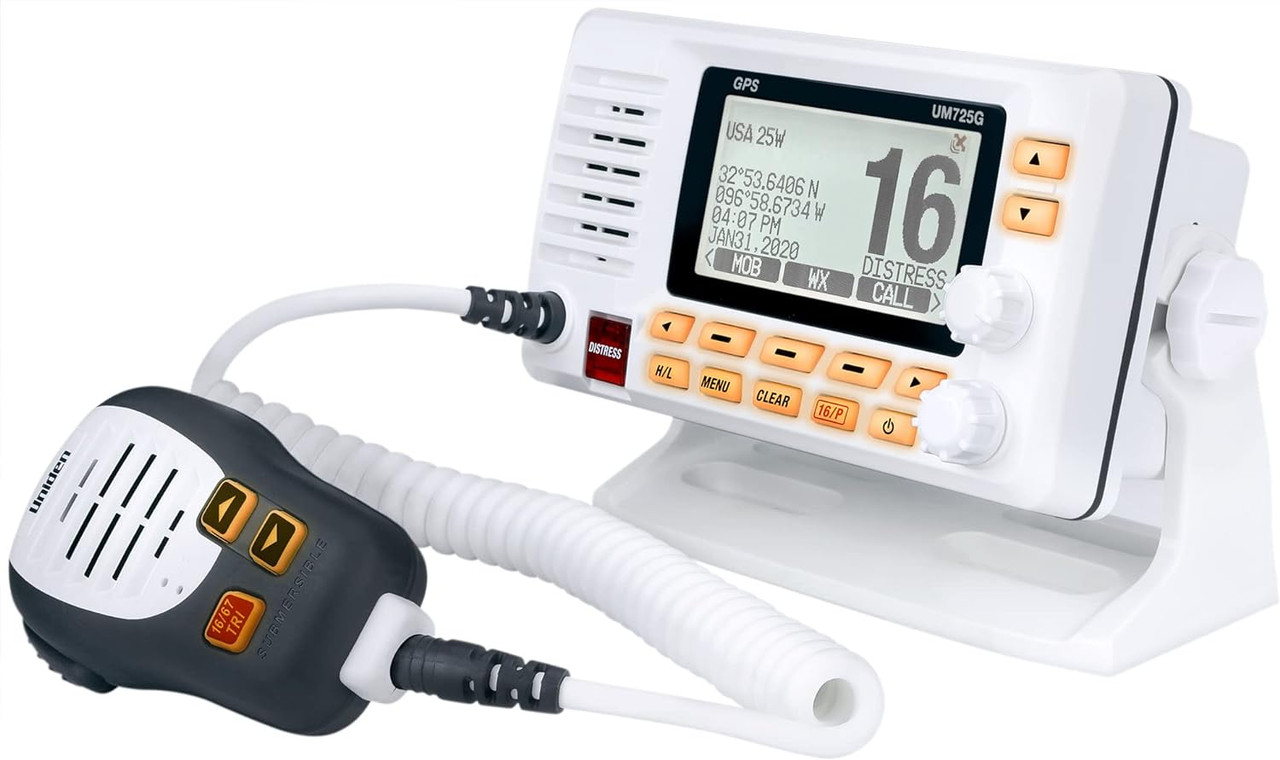 Uniden UM725G Marine VHF Radio, All USA, Canada, and Intl. Marine Channels, 1Watt/25Watt Transmit Power, Largest LCD Screen in Class, NOAA Weather Channels