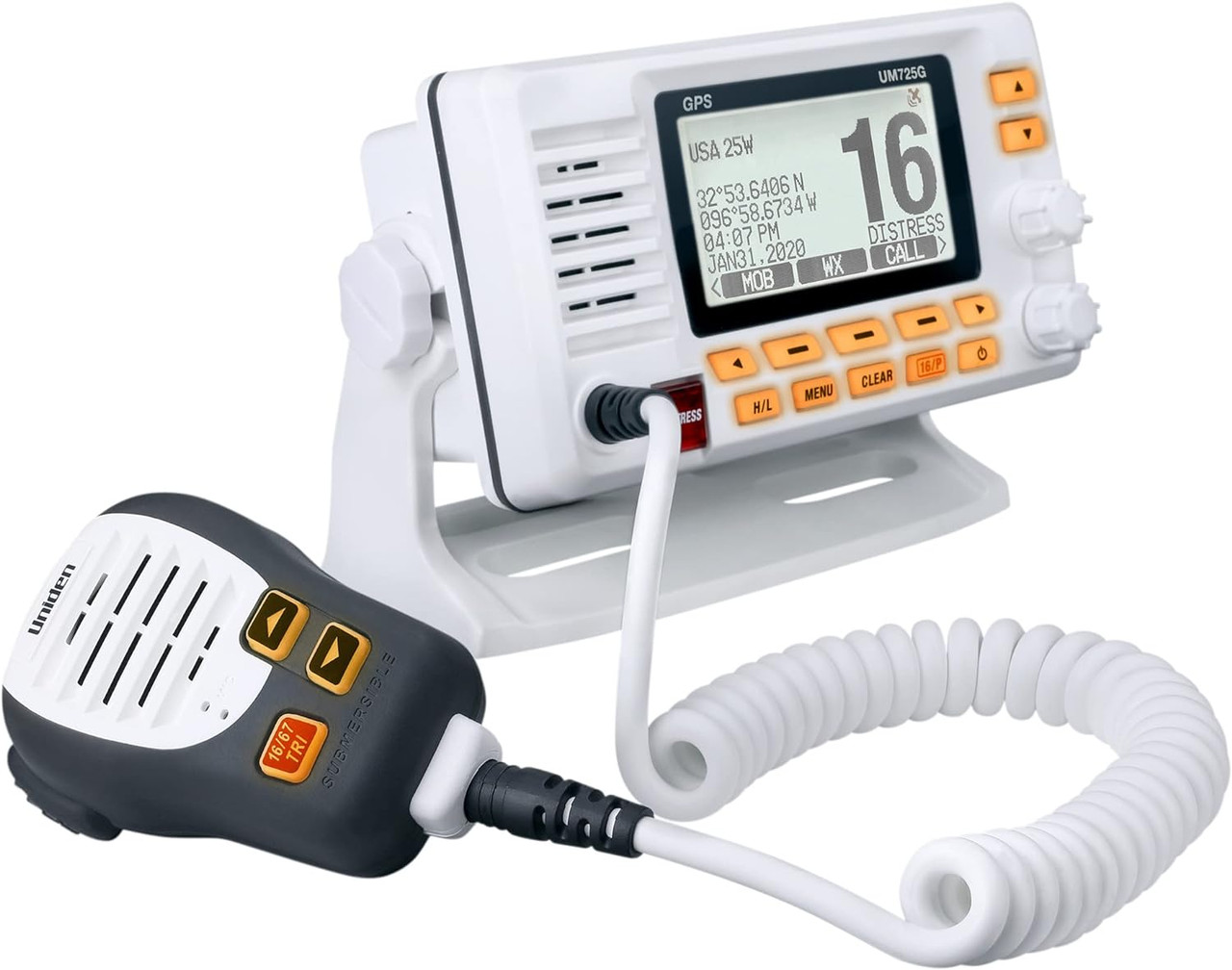 Uniden UM725G Marine VHF Radio, All USA, Canada, and Intl. Marine Channels, 1Watt/25Watt Transmit Power, Largest LCD Screen in Class, NOAA Weather Channels