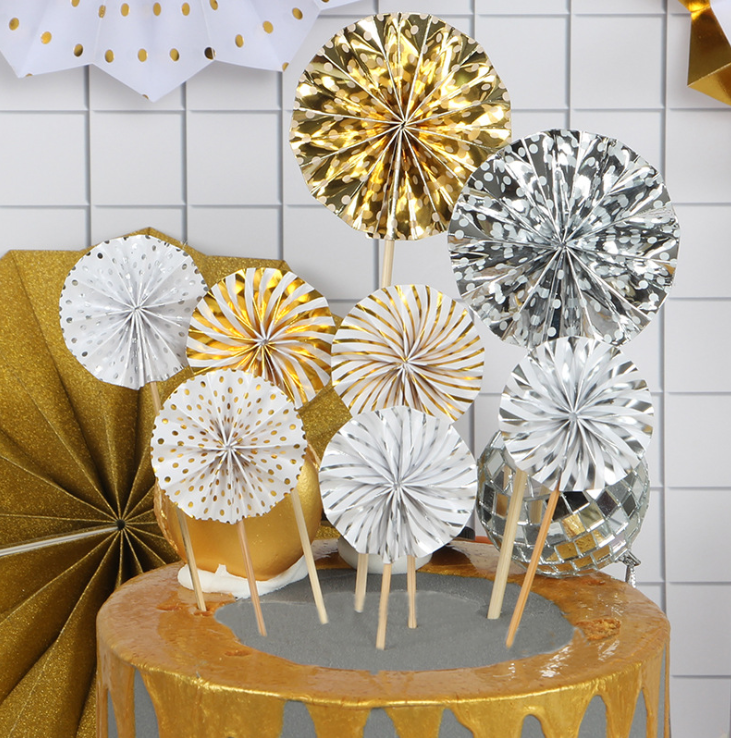 Assorted Pattern Paper Fan Cake Toppers (4pcs) - Metallic Silver - Give Fun
