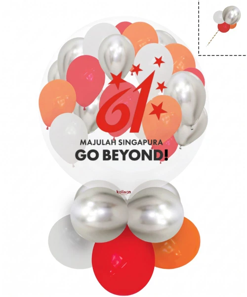 [National Day 2026] Personalised 36 Clear Jumbo Latex Popping Balloons Stand - NDP 61 MAJULAH SINGAPURA GO BEYOND