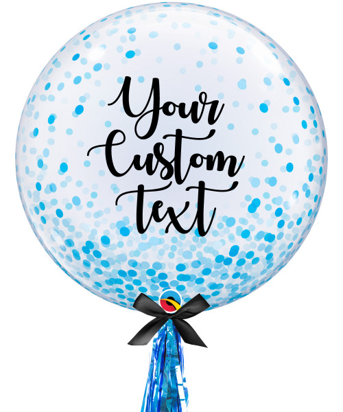 24" Personalised Crystal Clear Bubble Confetti Dots Printed Balloon - Blue Confetti Dots
