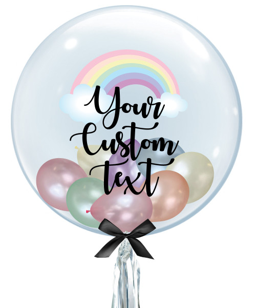 24" Personalised Rainbow Crystal Clear Bubble Balloon - Mini Metallic Balloons Filled (Pastel Rainbow)