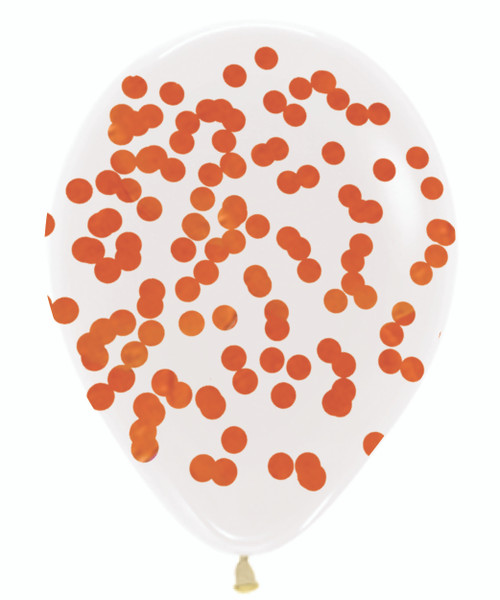 12'' Round Confetti (1cm) Clear Latex Balloon - Orange