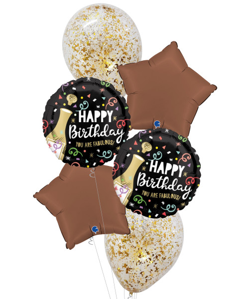 [Beverage] Happy Birthday Gold Bubbly Satin Chocolate Star Balloons Bouquet
