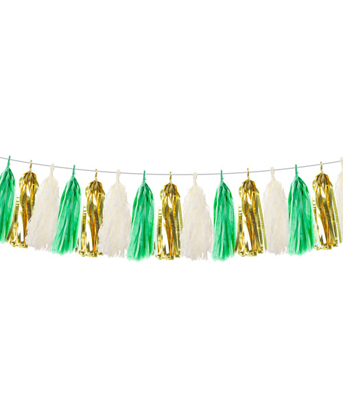 (15 Tassels Pack) Tassels Garland DIY Kit (15 Tassels) - Jungle Safari

Colors: Cream, Forest Green and Metallic Gold