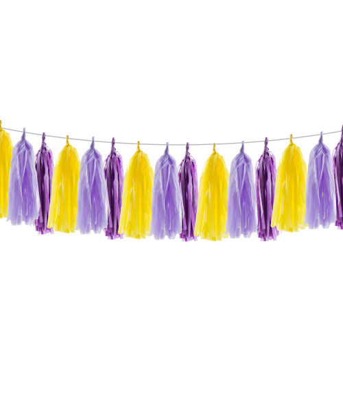 (15 Tassels Pack) Tassels Garland DIY Kit (15 Tassels) - Rapunzel

Colors: Lavender Purple, Dark Purple and Yellow