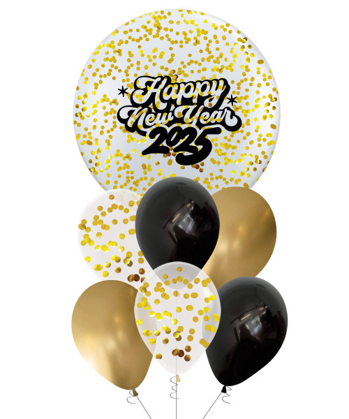 [Happy New Year 2025] 36'' Happy New Year 2025 Jumbo Perfectly Round Balloons Bouquet - Metallic Gold Round Confetti (1cm)