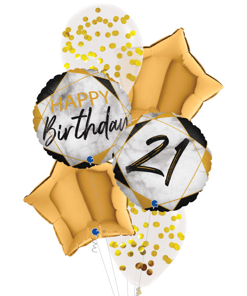 [Birthday] Marble Mate Happy 21st Birthday Metallic Shiny Gold Star Balloons Bouquet