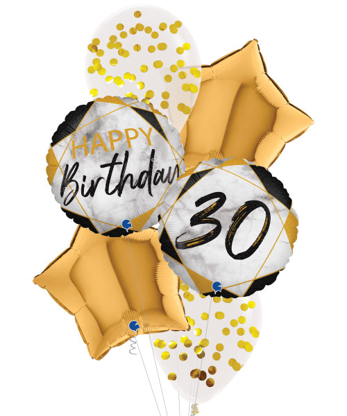 [Birthday] Marble Mate Happy 30th Birthday Metallic Shiny Gold Star Balloons Bouquet