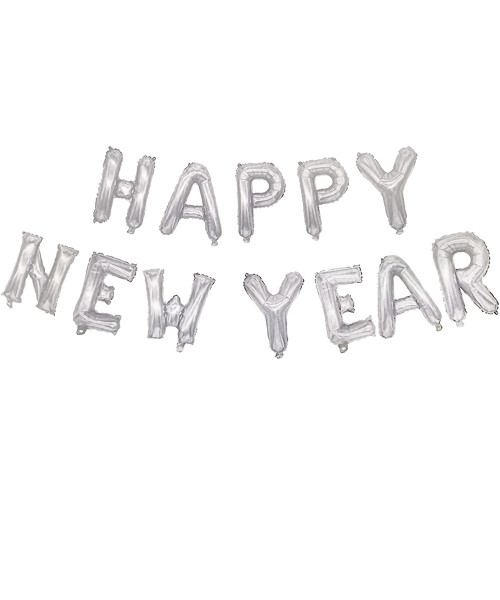 [Happy New Year] 16" Happy New Year Alphabet Foil Balloons Banner - Silver