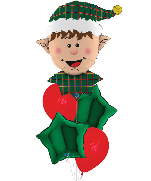 [Merry Christmas 2025] Tartan Elf Head Metallic Shiny Green Star Balloons Bouquet