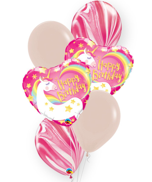 [Magical Unicorn] Birthday Magical Unicorn Heart Strawberry Marble Balloons Bouquet