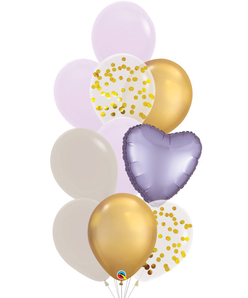 (Create Your Own Helium Balloons Cluster) Heart Eternal Elegance Balloons Cluster

Color: Fashion Lilac, Fashion White Sand, Metallic Gold Round Confetti, Chrome Gold and Satin Luxe Pastel Lilac Heart Foil
