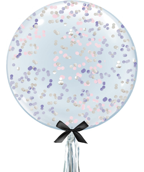24" Crystal Clear Transparent Balloon - Round Confetti (1cm) Filled (26 Colors)

Colors: Light Pink, Lavender Purple & Metallic Silver Round Confetti