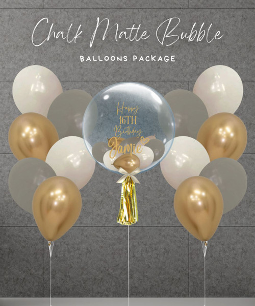 Personalised Chalk Matte Bubble Balloons Package

Color Combination: Oat Milk, Tidal and Reflex Gold
Tassel Tail: Metallic Gold