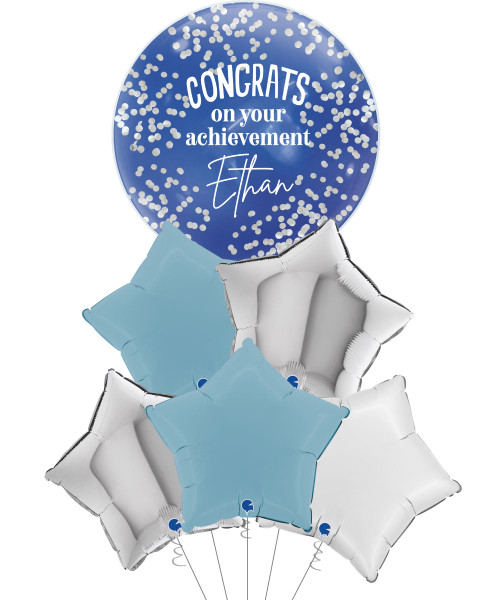 22" Personalised Confetti Jewel Star Balloons Bouquet

Colors: 22" Jewel in Royal Blue, Satin White Star Foil, Metallic Silver Star Foil and Macaron Matte Blue Star Foil