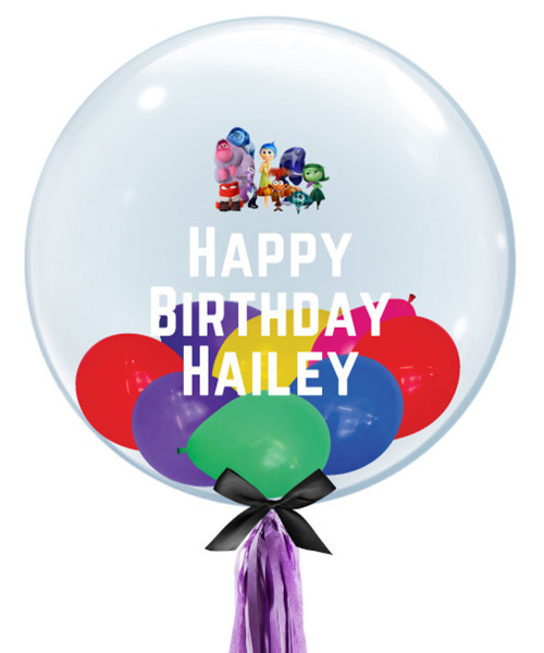 24" Personalised Crystal Clear Bubble Balloon - Mini Balloons Filled (Inside Out Theme)

Color Combination: Fashion Red, Yellow, Royal Blue, Green, Violet and Fuchsia.
Tassel Tail: Dark Purple 