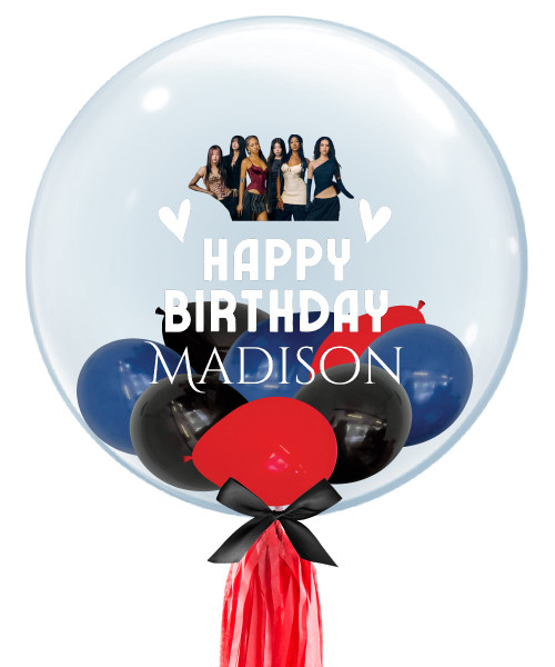 [Kpop Idol] 24" Personalised Crystal Clear Bubble Balloon - Mini Balloons Filled (K-Pop Katseye Theme)

Color Combination: Black, Navy Blue and Red
Tassel Color: Red