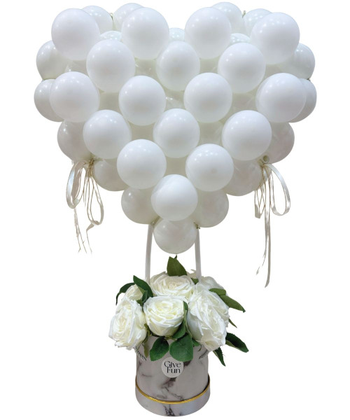 3D Heart Balloons Rose (White) Bouquet box - Eternal Love