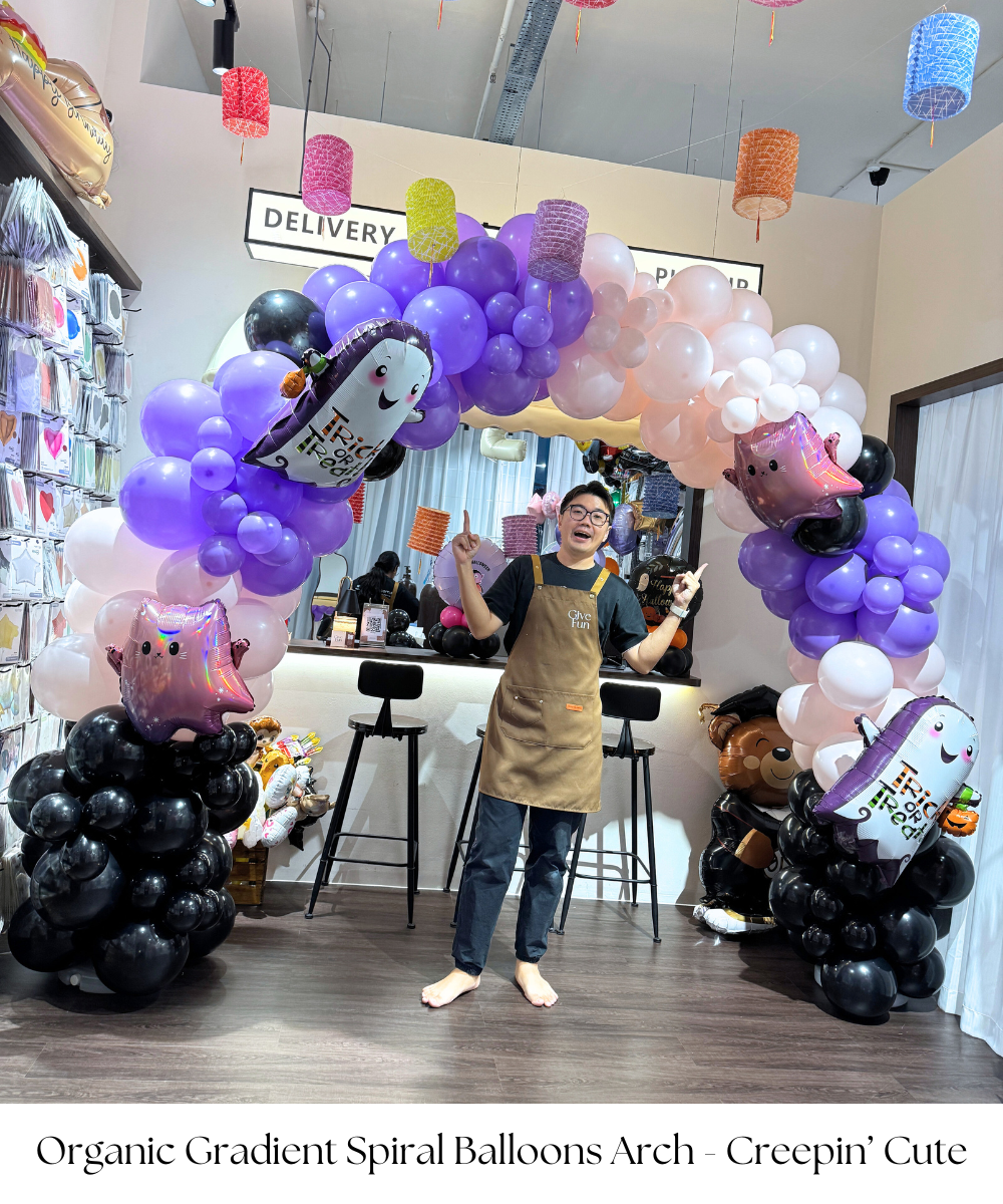 Unleash a wave of spooky cute elegance with the [Frightfully Fun Halloween] Organic Gradient Spiral Balloons Arch - Creepin’ Cute