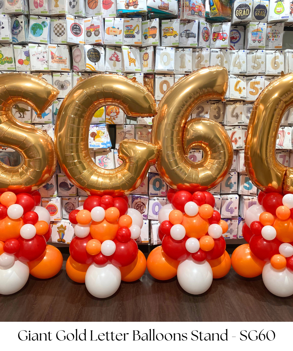 Make your National Day celebration unmissable with our Giant Gold Letter Fashion Balloons Stand, spelling out SG60 in dazzling metallic brilliance. Perfect for showcasing Singapore’s milestone 60th birthday, this eye-catching display adds a bold, festive touch to any setting—from parties and school events to community gatherings and corporate celebrations.