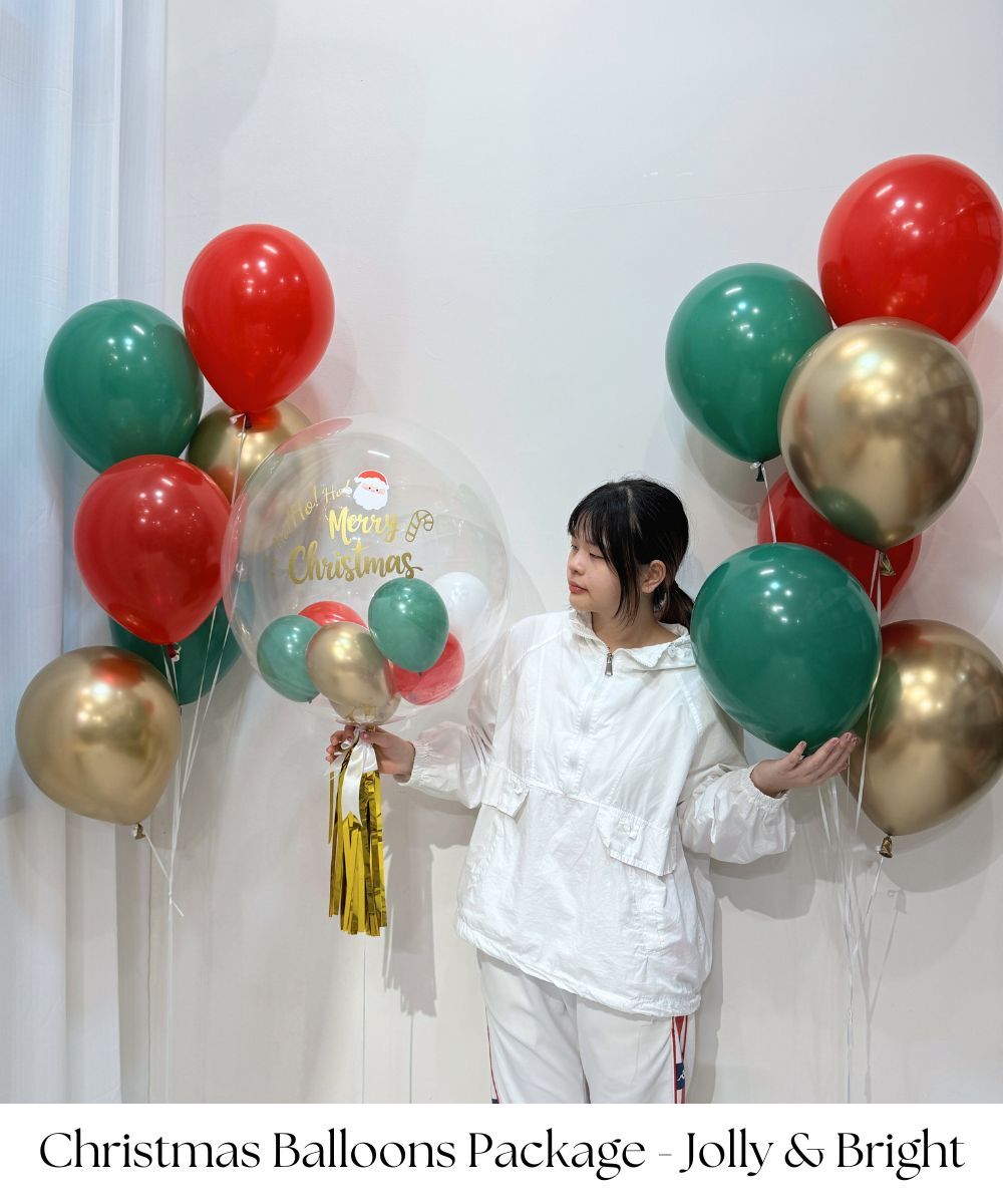 Spread cheer this festive season with our Christmas (Personalised) Balloons Package – Jolly & Bright! Featuring a vibrant mix of Christmas-themed balloons in classic reds, greens, and shimmering metallics, topped off with a personalised balloon to make your celebration extra special.