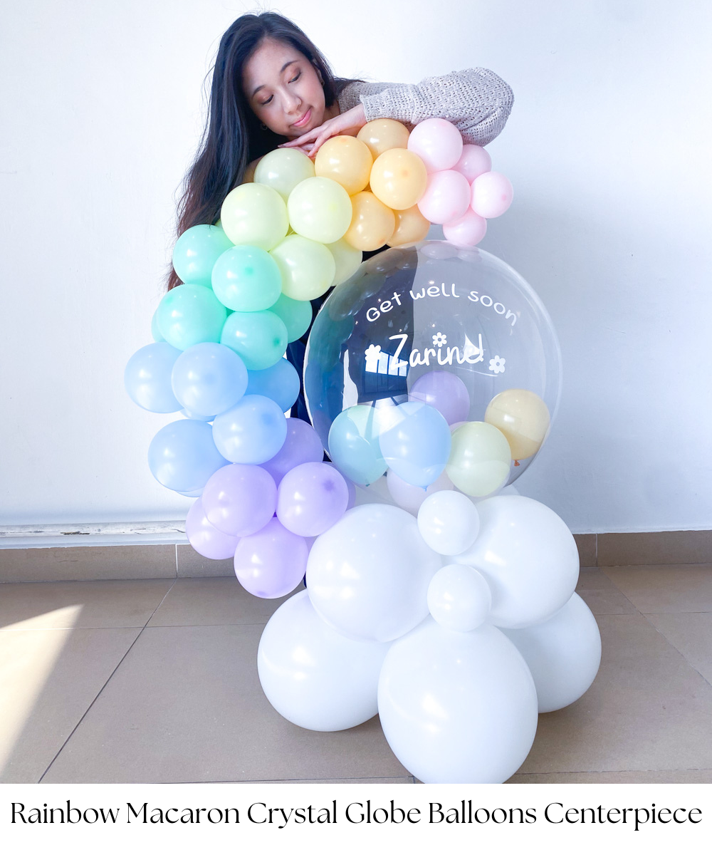 SPersonalised Rainbow Macaron Crystal Globe Balloons Centerpiece by Give Fun Singapore