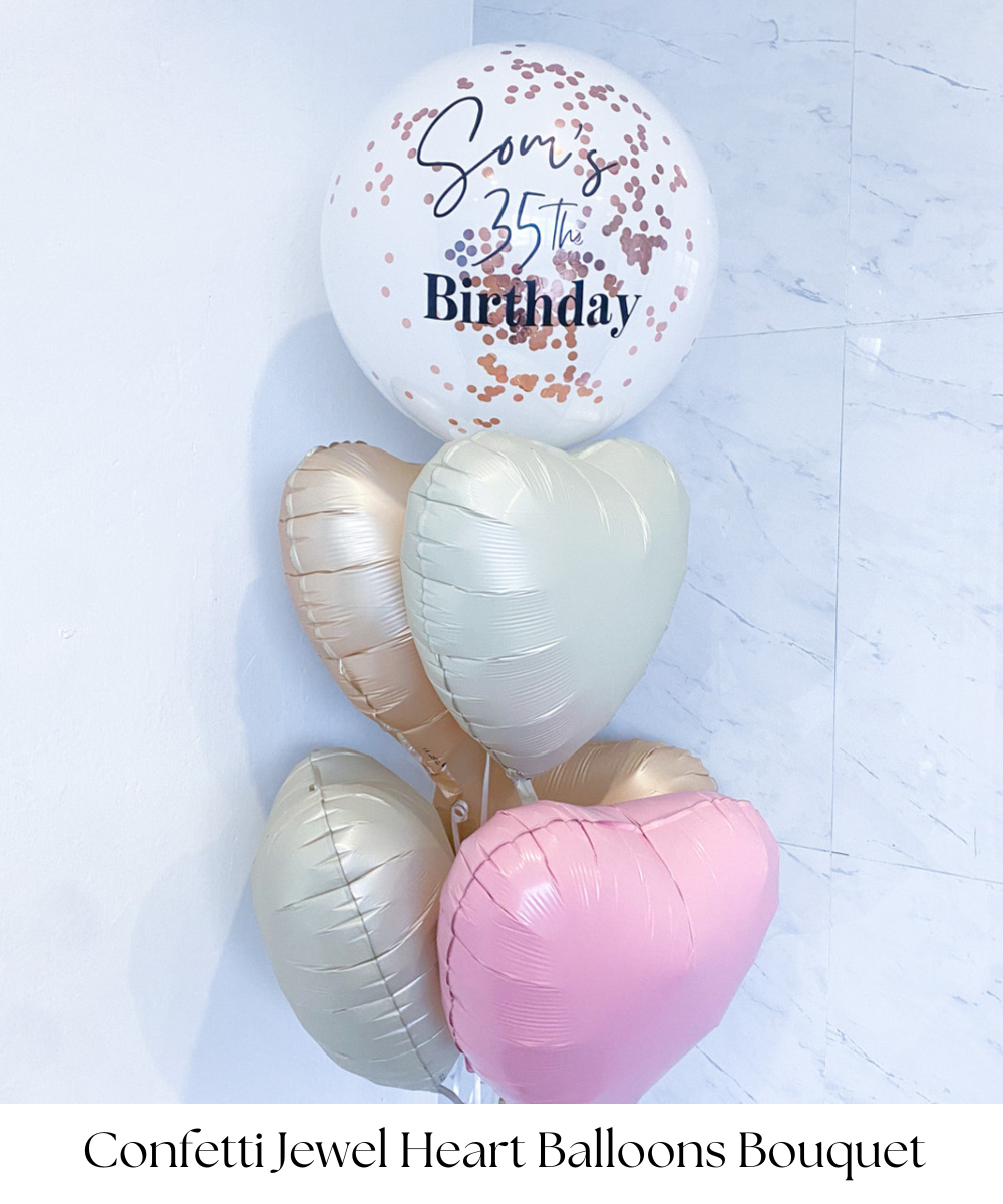 22" Personalised Confetti Jewel Heart Balloons Bouquet by Give Fun Singapore