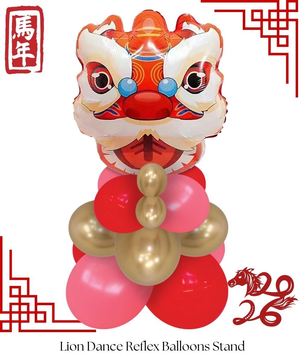 Lion Dance Balloon Stand, CNY Lion Dance balloons in Singapore, Chinese New Year Party Supplies, Red and Gold balloon, Balloon Structure and display for Cny decorations