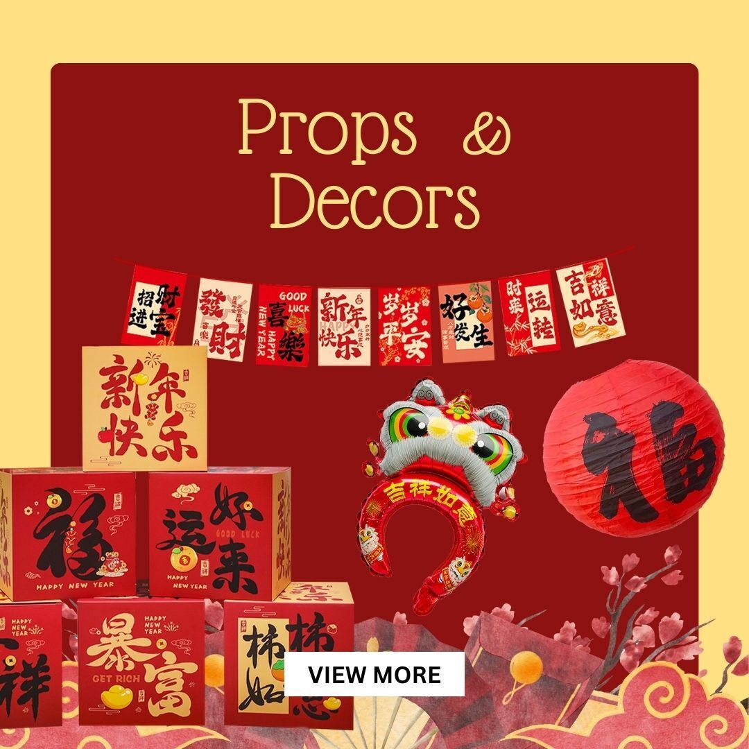 Chinese New Year props and festive decorations by Give Fun featuring red and gold CNY décor for celebrations, parties, and events in Singapore.