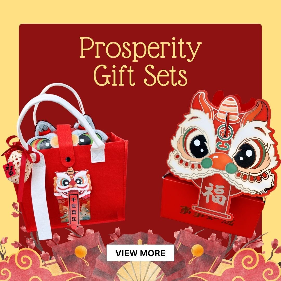 Chinese New Year prosperity gift sets by Give Fun featuring festive red and gold gifts for CNY gifting and celebrations in Singapore.