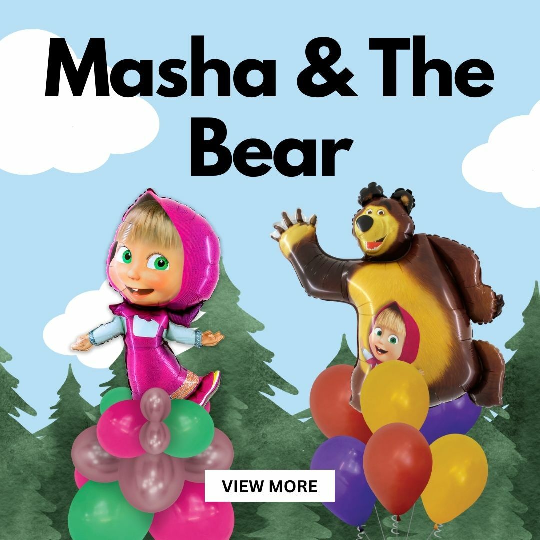 Elevate your celebration with our delightful Masha & Bear themed balloons, perfect for adding a touch of whimsy and joy to any occasion.