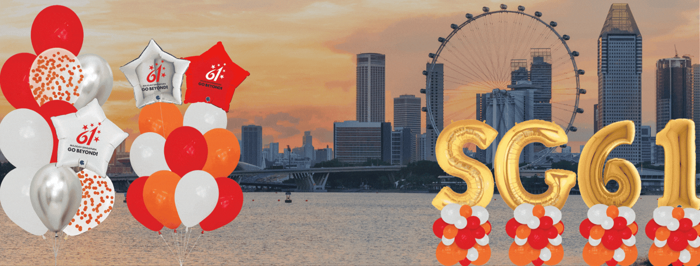 Celebrate Singapore's 60th National Day with our exclusive balloon collection, specially designed to bring the spirit of the celebration to your home, office, company, or store. This collection features personalized balloons that embody this year’s NDP celebration theme and logo, making them perfect for any National Day event.