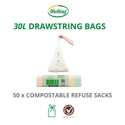 NEW BioBag 30L Drawstring Bags: Medium Bins & Food Waste Drawers (50 Bags)
