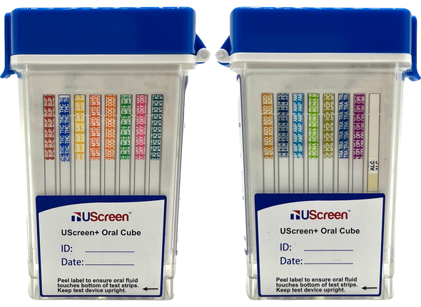 UScreen Oral+™ 16 Panel Saliva Oral Saliva Flip-Top Cube Drug Test including Alcohol, FEN, K2, TRA, Saliva Saturation Indicator, 25/Box