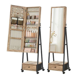 Industrial Modern Metal Wood Jewelry Armoire Cabinet Organizer Mirror on Wheels Q280-TSJCFSM1459736 Industrial Modern Metal Wood Jewelry Armoire Cabinet Organizer Mirror on Wheels Q280-TSJCFSM1459736