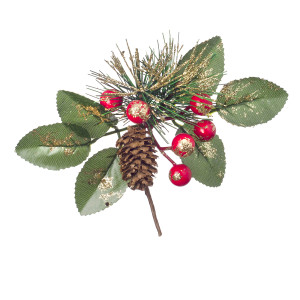 Christmas Green Gold Pick With Berry and Pinecones Glitter 6.3 X 2.76Inches N274-FC01356420